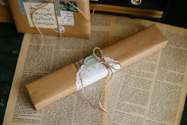 Emballage d'un objet long dans du papier kraft avec éléments décoratifs.