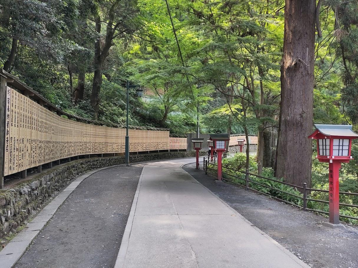 Allée bordée d'arbres et de lanternes au mont takao