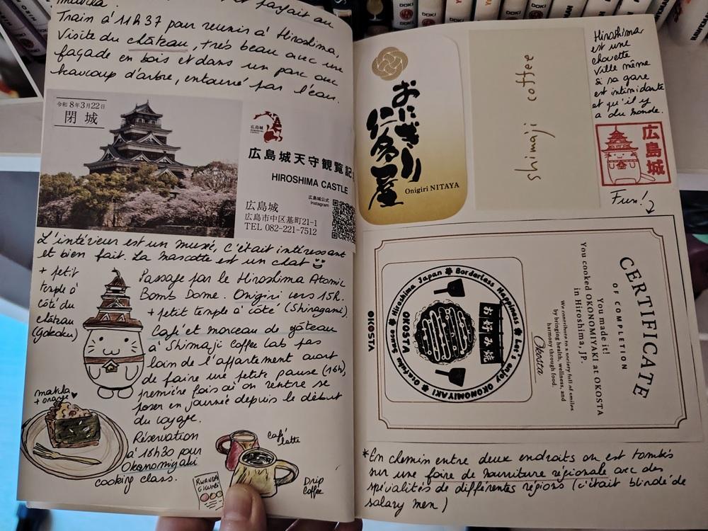 L'image montre un carnet de voyage avec du texte, des croquis, des tickets et des cartes de visite collés