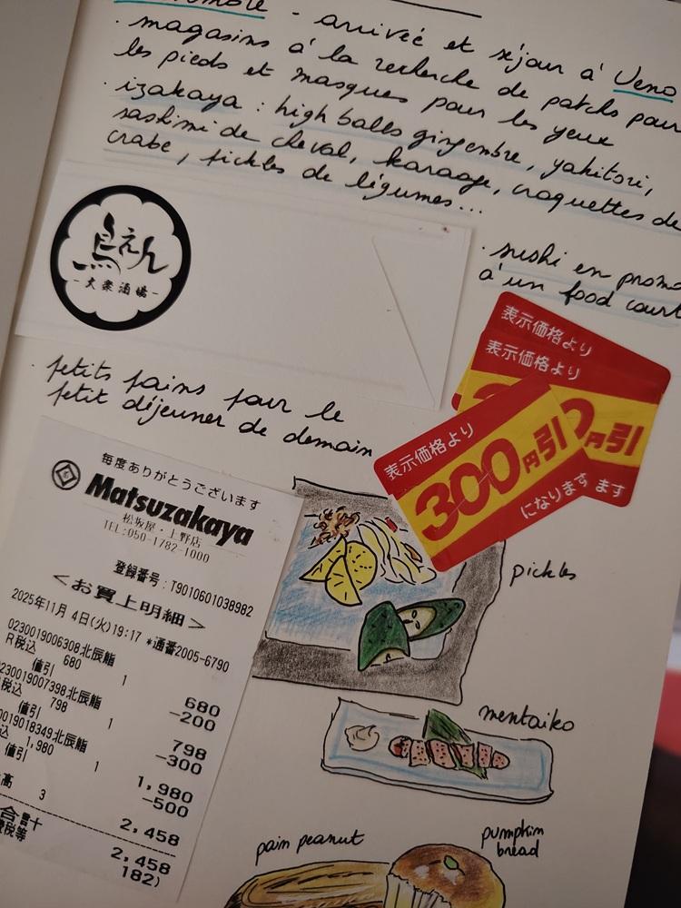 L'image montre une page de journal de voyage avec du texte, des étiquettes et tickets collés, des dessins